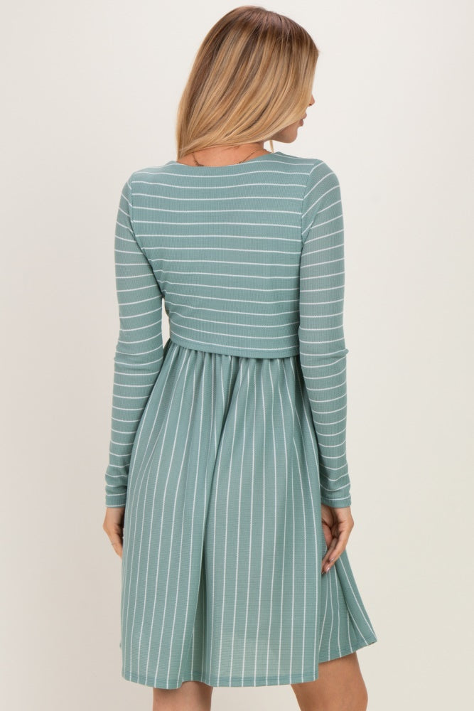 Sage/ Off White Striped Long Sleeve Nursing Dress