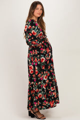Black Floral Long Sleeve Maternity Maxi Dress