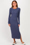 Navy/ Off White Stripe Long Sleeve Midi Dres