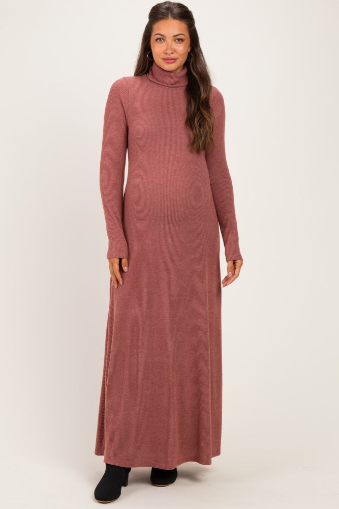 Rust Turtleneck Long Sleeve Maternity Maxi Dress