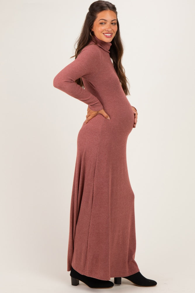 Rust Turtleneck Long Sleeve Maternity Maxi Dress