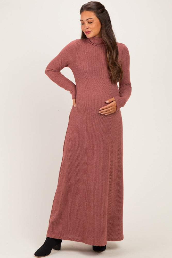Rust Turtleneck Long Sleeve Maternity Maxi Dress