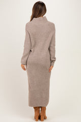 Mocha Ribbed Knit Half-Zip Maternity Midi Sweater Dress
