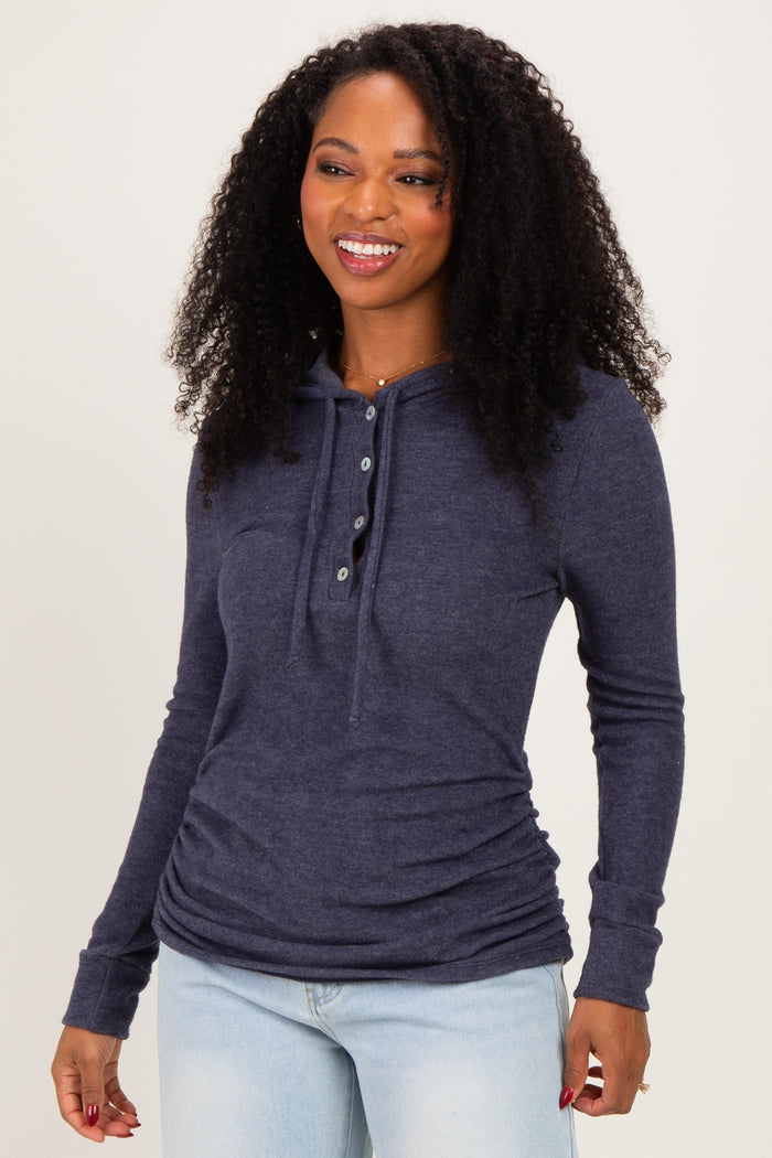 Navy Long Sleeve Button Front Long Sleeve Fitted Maternity Top