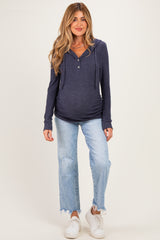 Navy Long Sleeve Button Front Long Sleeve Fitted Maternity Top