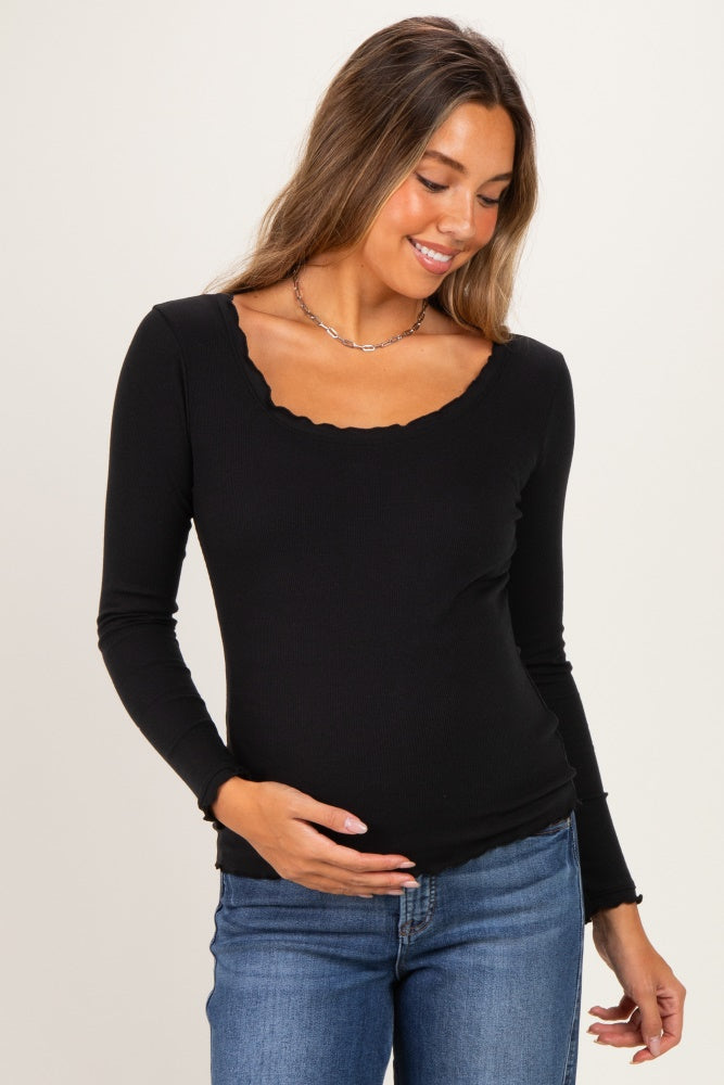 Black Lettuce Hem Fitted Long Sleeve Maternity Top