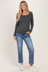 Charcoal Lettuce Hem Fitted Long Sleeve Top