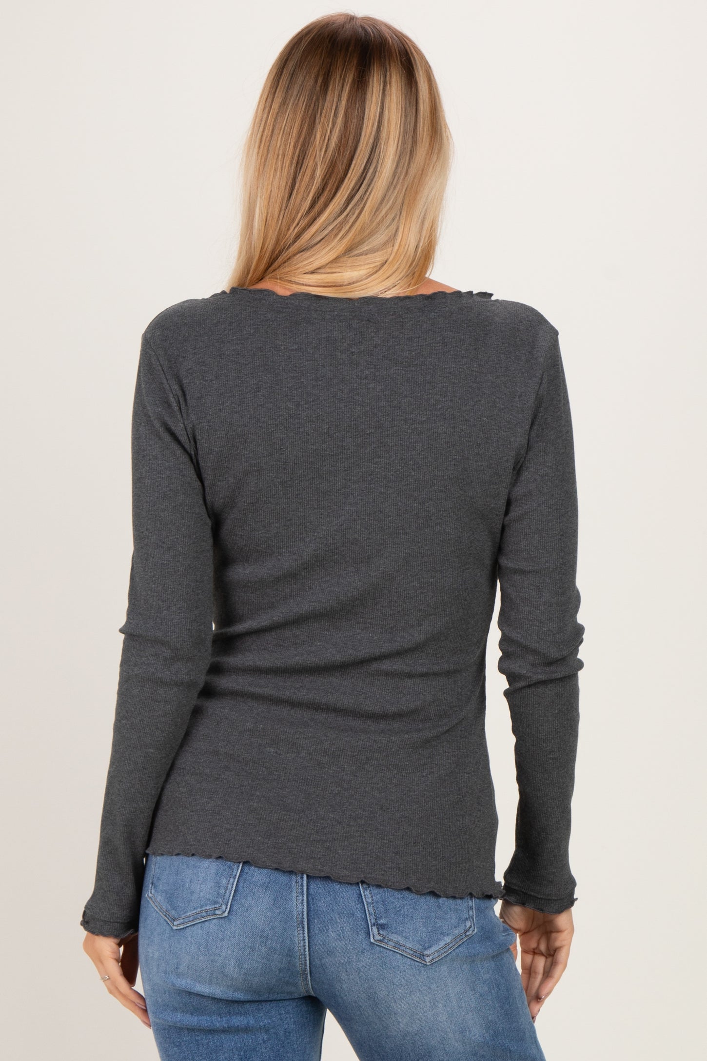 Charcoal Lettuce Hem Fitted Long Sleeve Top