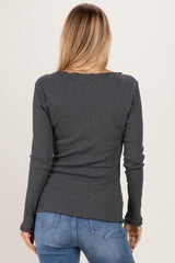 Charcoal Lettuce Hem Fitted Long Sleeve Top