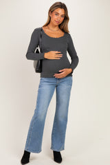 Charcoal Lettuce Hem Fitted Long Sleeve Maternity Top