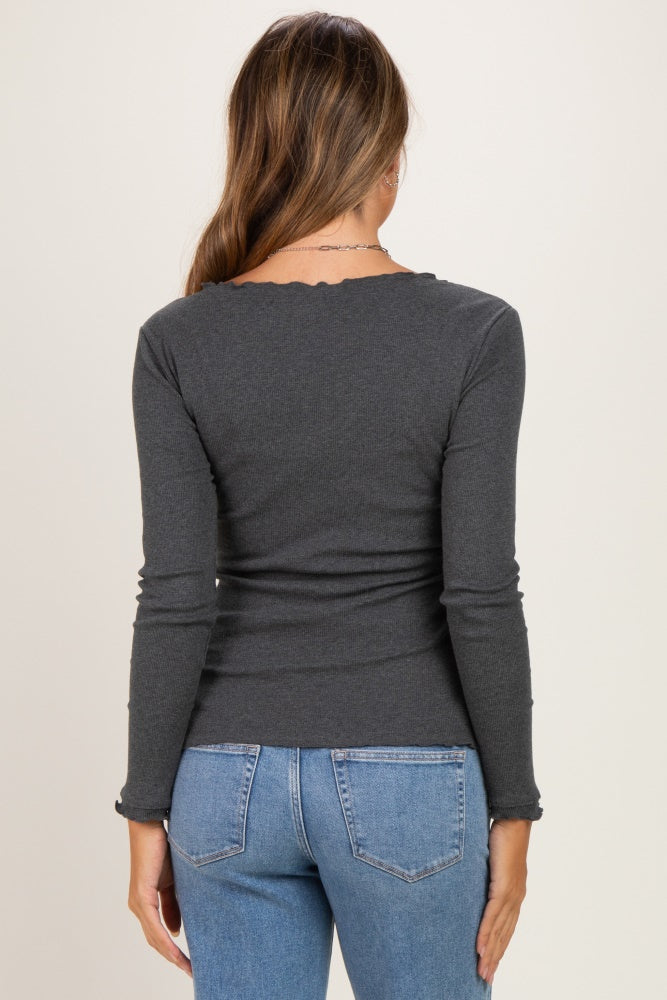 Charcoal Lettuce Hem Fitted Long Sleeve Maternity Top