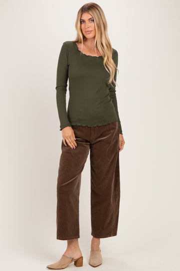 Olive Lettuce Hem Fitted Long Sleeve Top