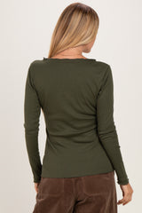Olive Lettuce Hem Fitted Long Sleeve Top