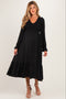 Black Smocked Top Long Sleeve Ruffle Hem Maternity Midi Dress