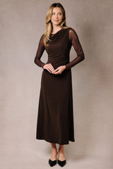 Dark Brown Draped Neckline Mesh Long Sleeve Midi Dress
