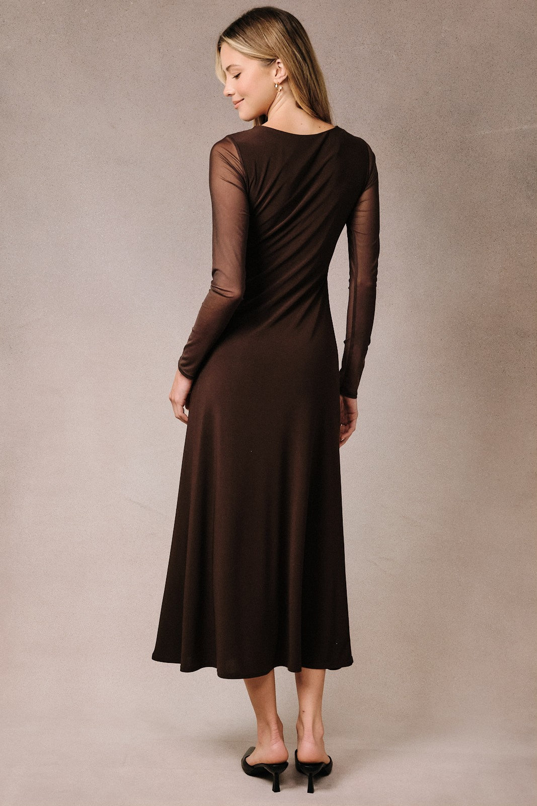 Dark Brown Draped Neckline Mesh Long Sleeve Midi Dress