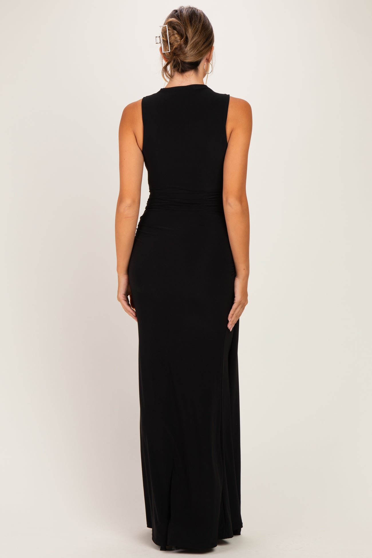 Black Sleeveless Side Draped Maternity Maxi Dress