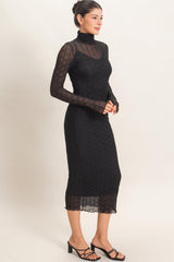 Black Ribbed Mesh Knit Midi Dress