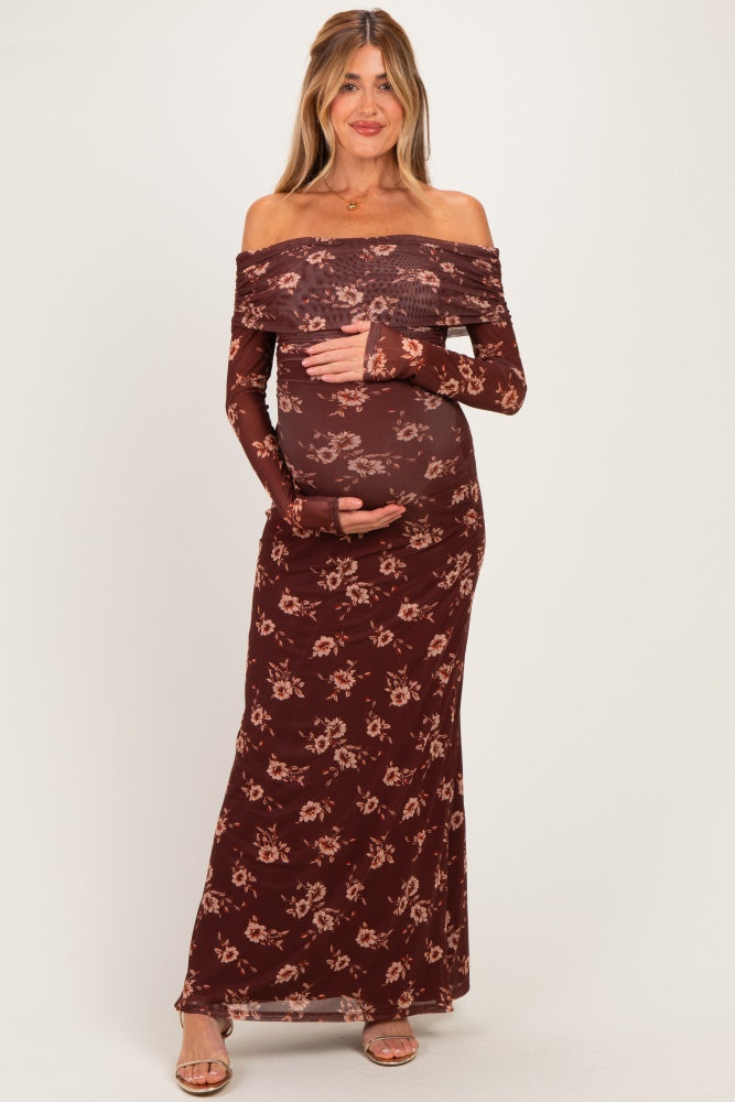 Burgundy Floral Mesh Off Shoulder Long Sleeve Maternity Maxi Dress