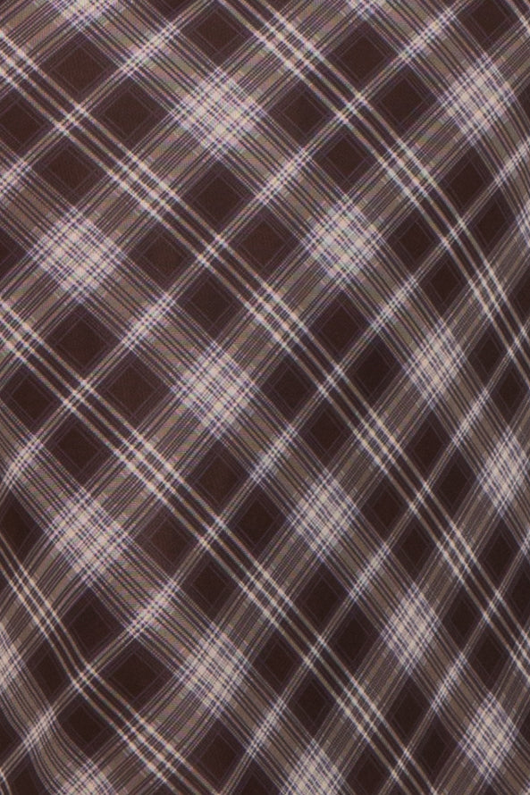 maternity wear featuring a dark brown plaid fabric with light purple and white accents