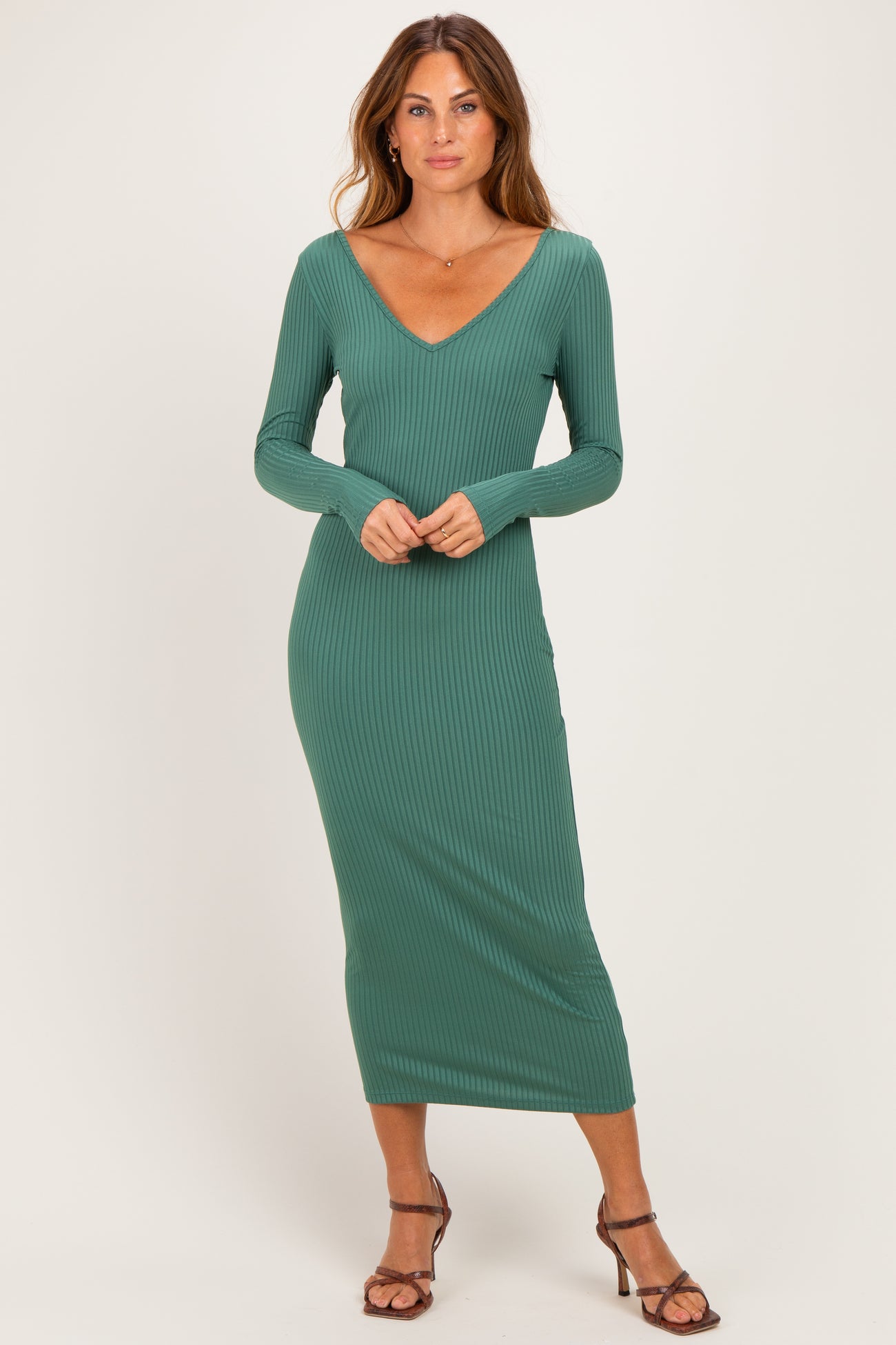 Emerald V-Neck Long Sleeve Fitted Maternity Maxi Dress