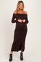 Brown Off Shoulder Button Detail Side Slit Maternity Sweater Dress