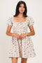Oatmeal Floral Puff Sleeve Square Neck Mini Dress