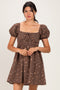 Brown Floral Puff Sleeve Square Neck Mini Dress