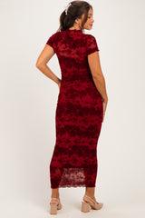 Red Floral Mesh Maternity Midi Dress