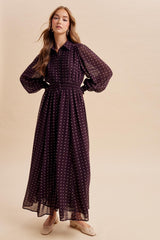 Burnt Mocha Polka Dot Chiffon Button Down Maxi Dress