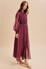 Bordeaux Polka Dot Chiffon Button Down Maxi Dress