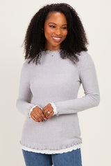 Grey/White Maternity Mock Neck Ruffle Edge Long Sleeve Top