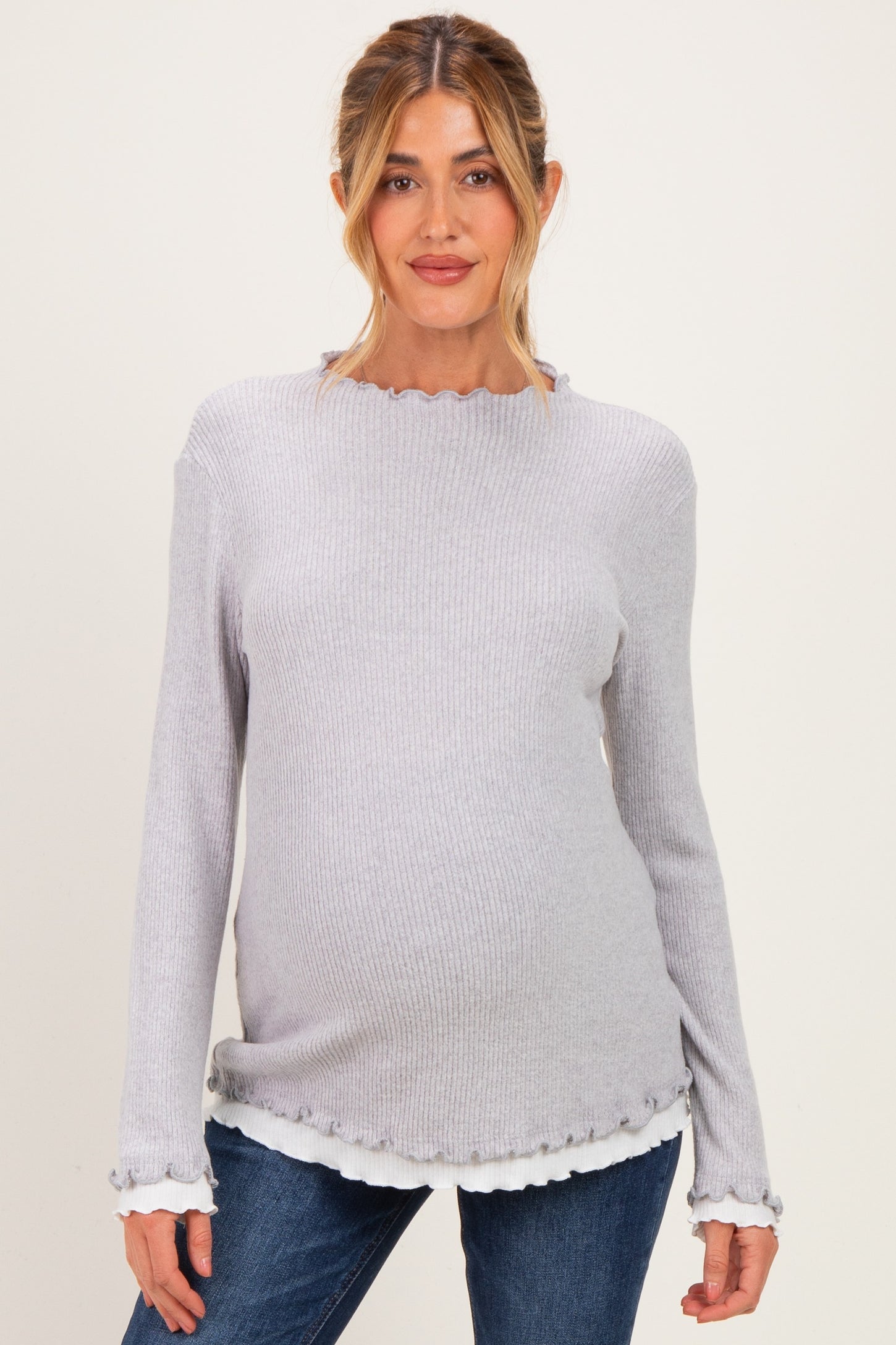 Grey/White Maternity Mock Neck Ruffle Edge Long Sleeve Top
