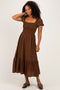Brown Plaid Smocked Puff Sleeve Tiered Midi Dress