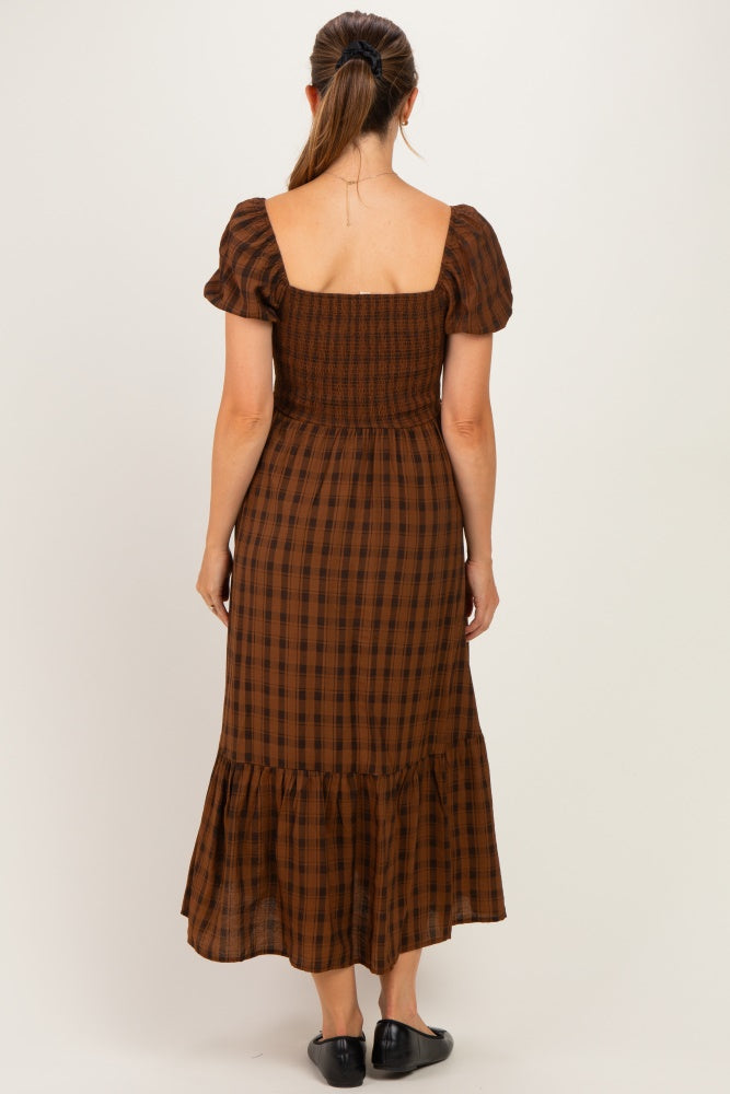 Brown Plaid Smocked Puff Sleeve Tiered Maternity Midi Dress