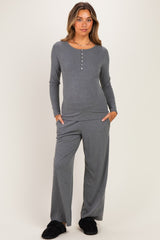 Charcoal Henley Wide Leg Pant Maternity Lounge Set