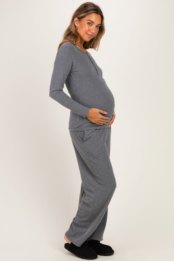 Charcoal Henley Wide Leg Pant Maternity Lounge Set