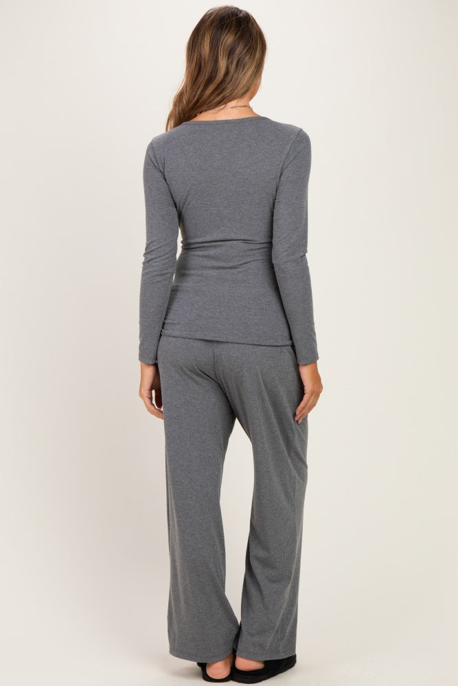 Charcoal Henley Wide Leg Pant Maternity Lounge Set