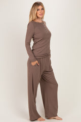 Mocha Henley Wide Leg Pant Lounge Set