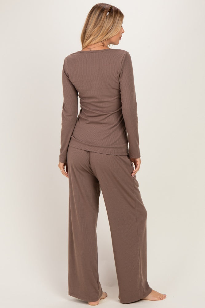 Mocha Henley Wide Leg Pant Lounge Set