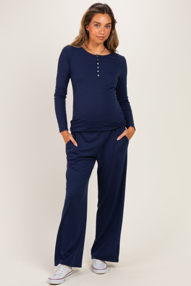 Navy Henley Wide Leg Pant Maternity Lounge Set