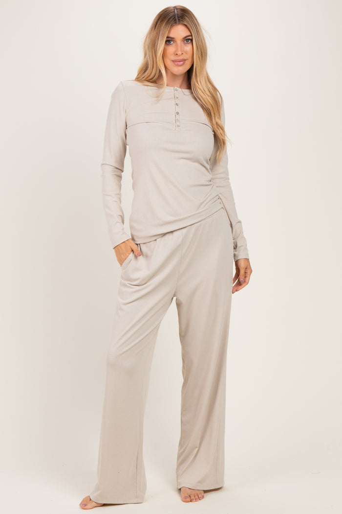Oatmeal Henley Wide Leg Pant Maternity Lounge Set