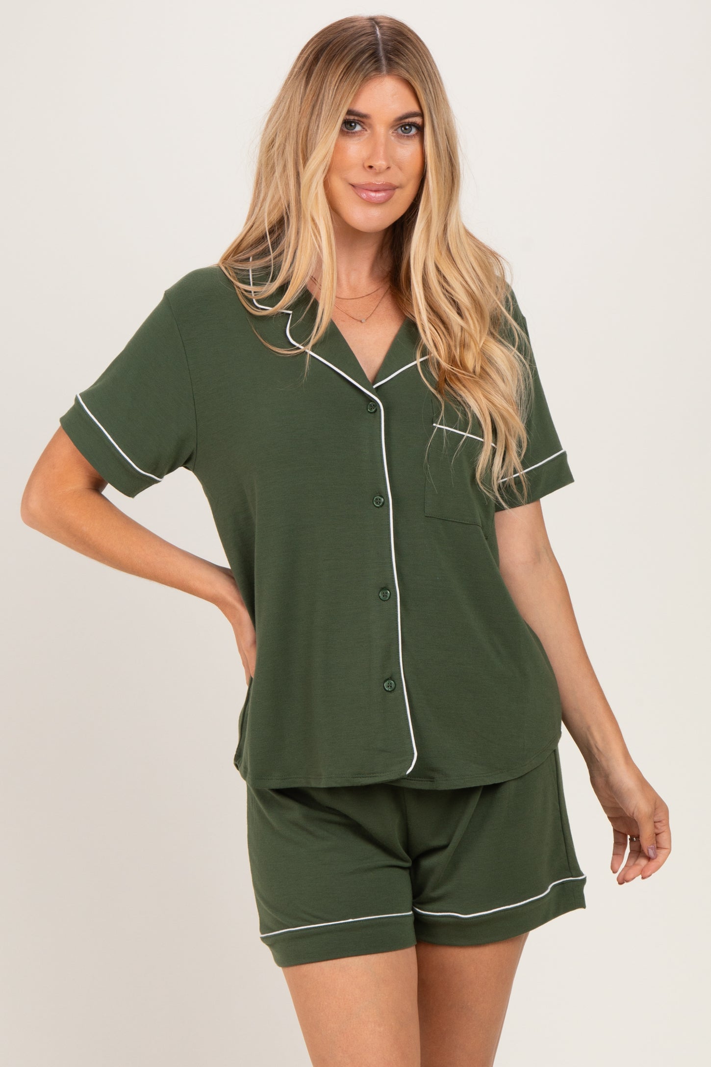 Army Green Short Sleeve Button Down Shirt Shorts Set
