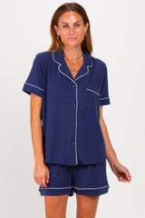Navy Short Sleeve Button Down Shirt Shorts Maternity Set