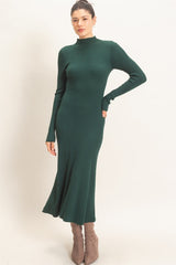 Hunter Green Ribbed Mock Neck Long Sleeve Midi Dress