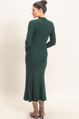 Hunter Green Ribbed Mock Neck Long Sleeve Midi Dress