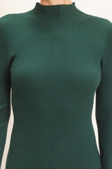 Hunter Green Ribbed Mock Neck Long Sleeve Midi Dress