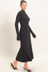 Black Ribbed Mock Neck Long Sleeve Midi Dress