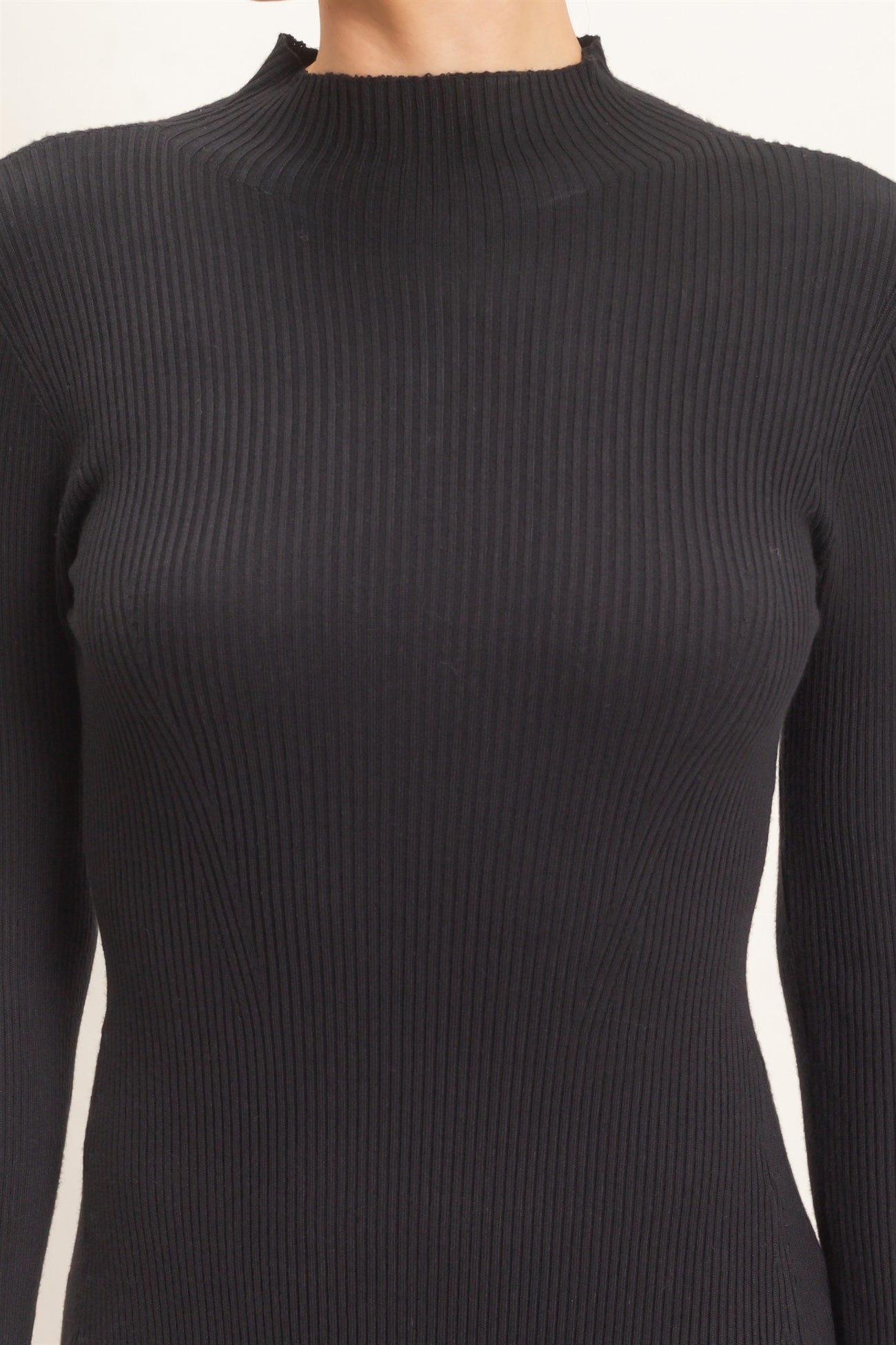 Black Ribbed Mock Neck Long Sleeve Midi Dress
