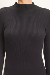 Black Ribbed Mock Neck Long Sleeve Midi Dress